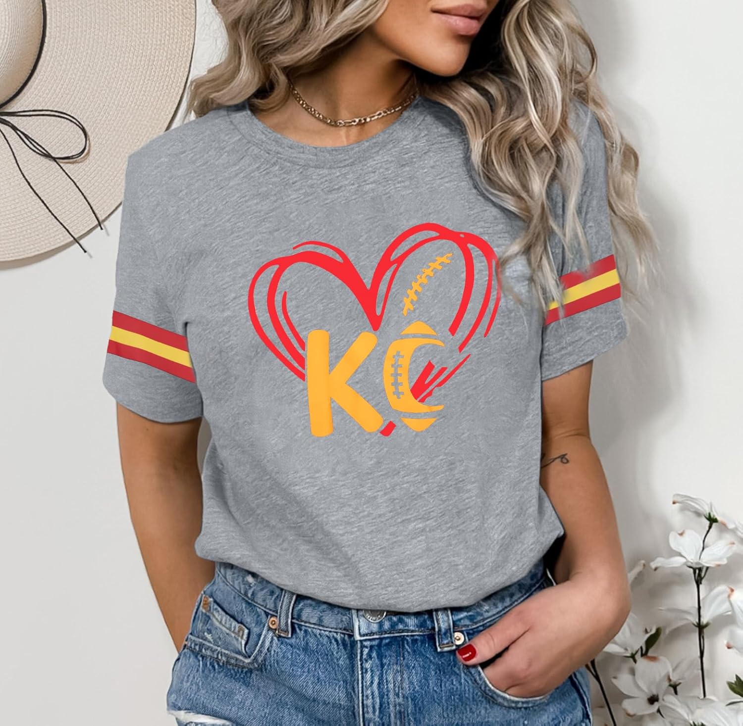Football Shirt for Women Game Day Shirt Football Heart T-Shirt Sports Season Short Sleeve Tops - Image 2