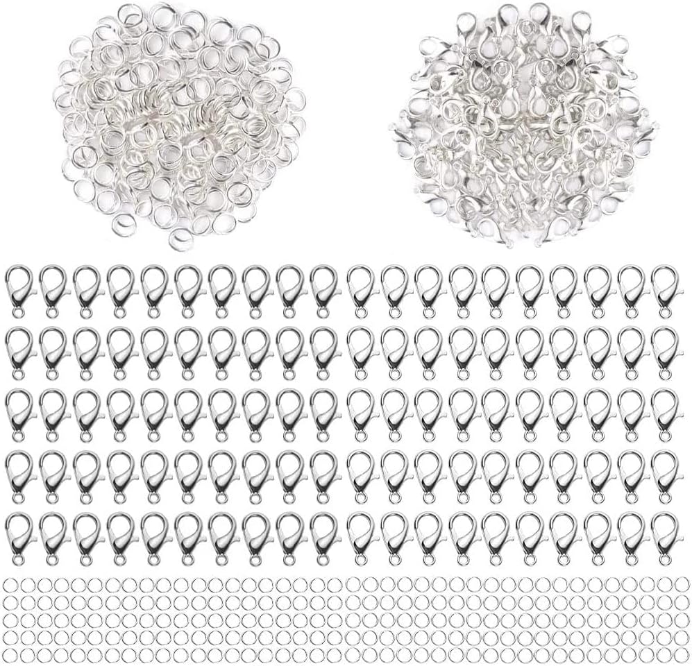 670 Pcs Lobster Clasps and Open Jump Rings Set, 12mm Jewelry Clasps Bracelet Clasps Lobster Claw Clasps for DIY Bracelet Necklace Jewelry Making(Silver)