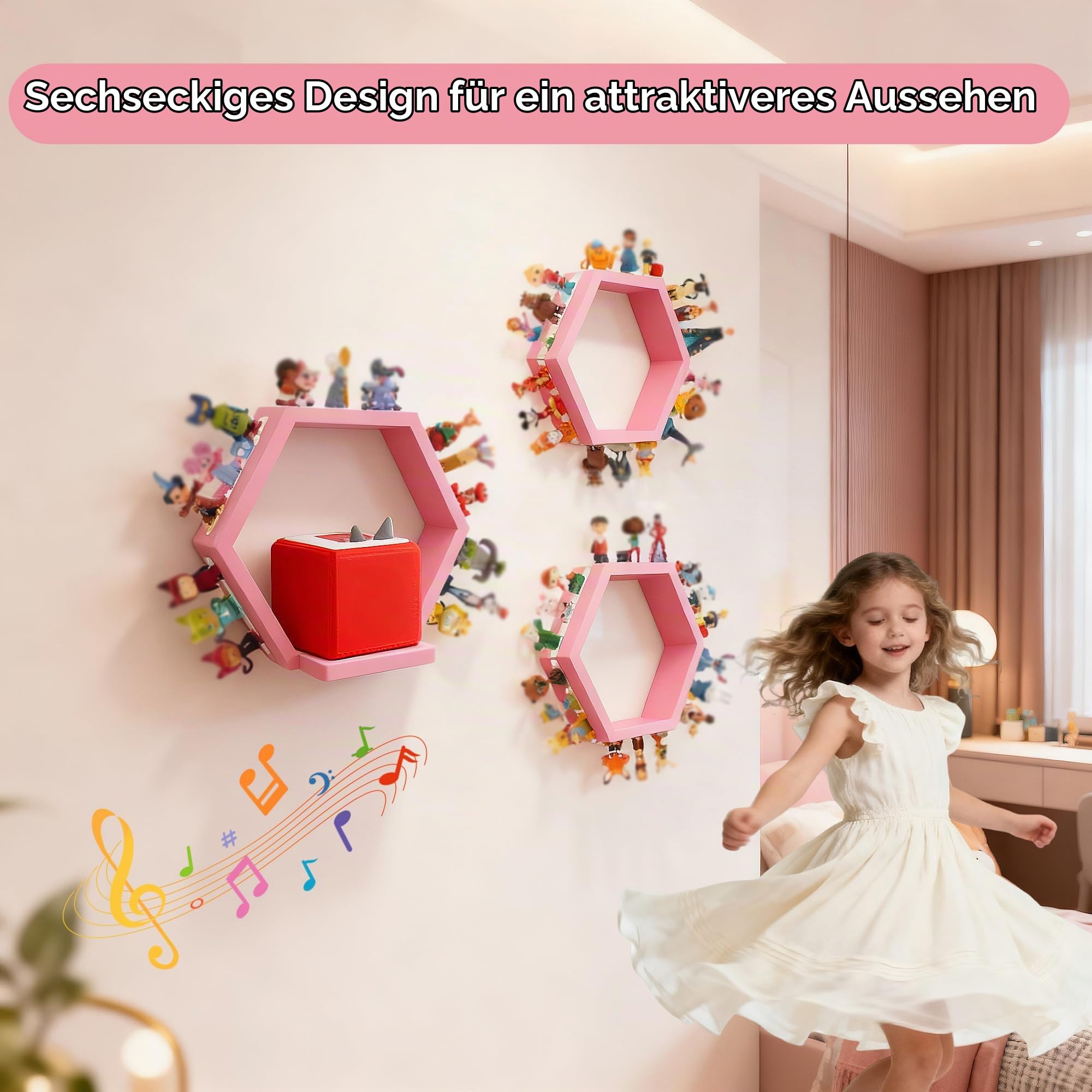 PHOENANCEE Sechseckiges Magnet Toniebox Regal, Wandregale zum Aufbewahren und Präsentieren von Figuren, Kinderregal, Kinderzimmer, Wohnzimmer(Sakura Pink)