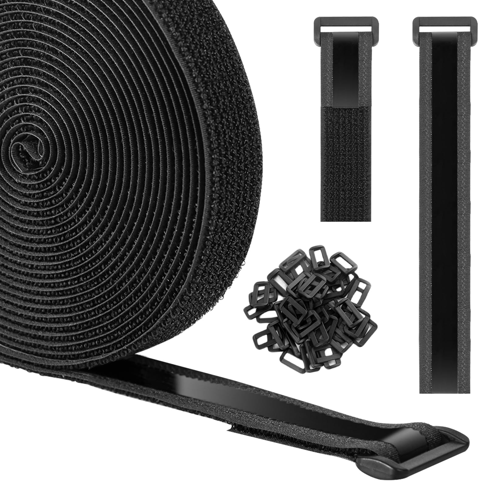 Heavy Duty Hook and Loop Cinch Straps with Non-Slip Rubber Backing | 1 in x 16 ft, 25 Buckles | Cut-to-Length Adjustable Straps for Fastening &amp; Organizing | Black