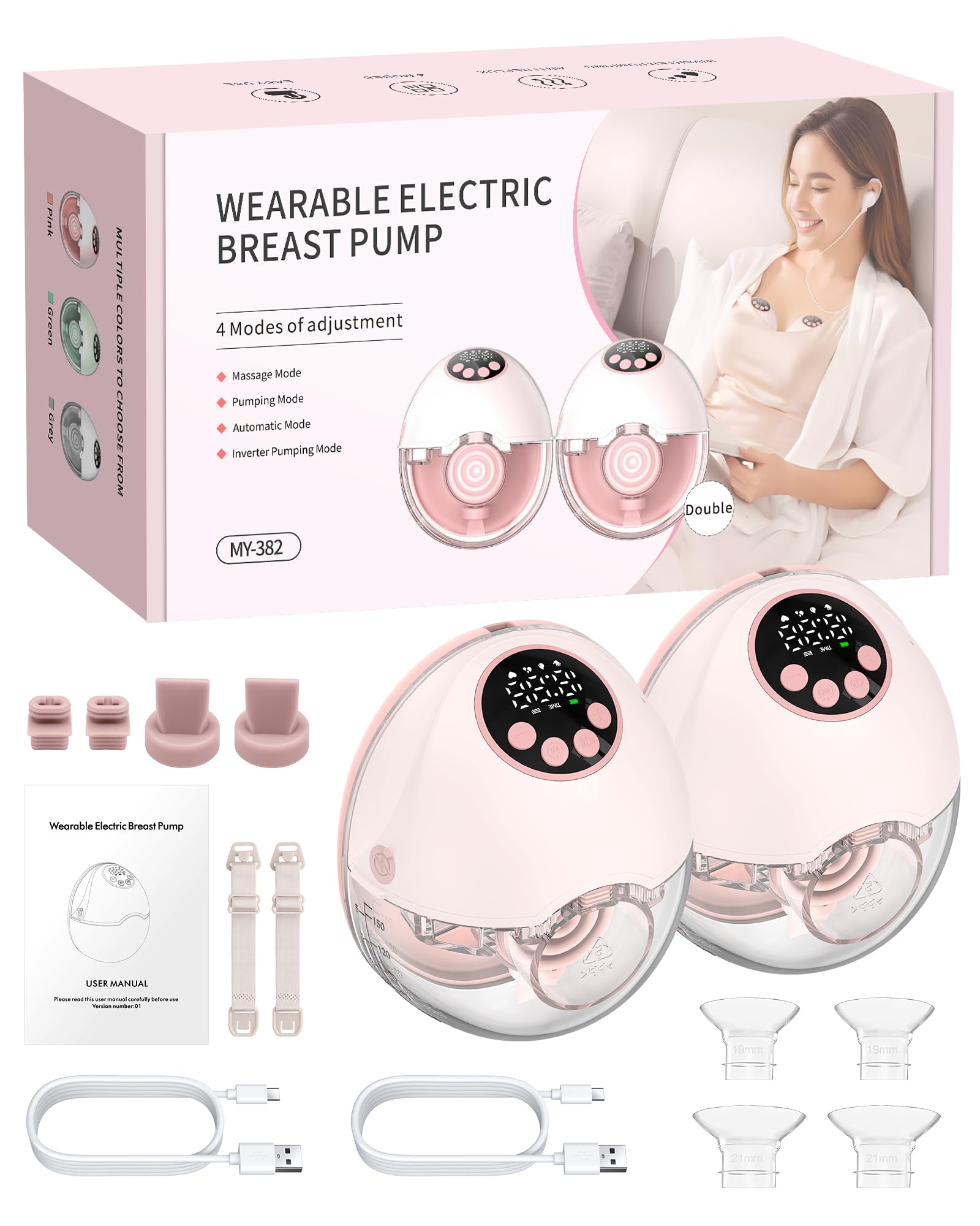 HOMGEN Milchpumpe 2 Stück Elektrische Brustpumpe Tragbare Milchpumpe mit 4 Modi, 12 Stufen,Hands-Free LED-Anzeige, Ultra-Leise, Tragbare Drahtlose Brustpumpe mit 24/21/19mm Flanschen für Mütter