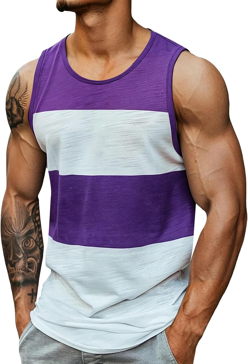 Men Color Block Tank Tops Plus Size Summer Trendy U Neck Tee Sports Cut Off Tee Gym Bodybuilding Sleeveless T Shirts