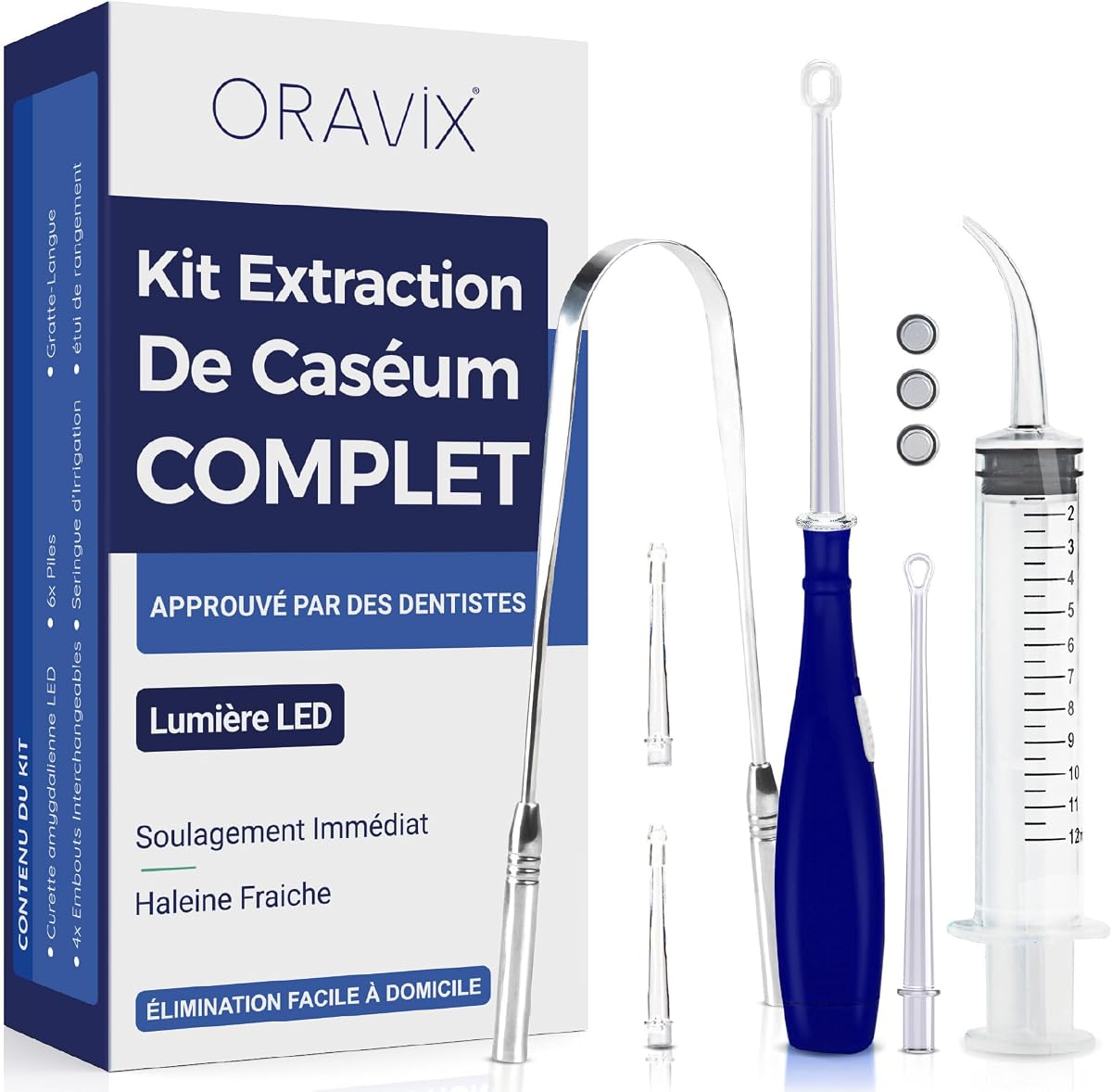 Kit hygiène des amygdales en Acier inoxydable | 3 outils pour l’extraction et la prévention de caséum | Élimination de la mauvaise haleine | Prévention des angines et des pharyngites | ORAVIX