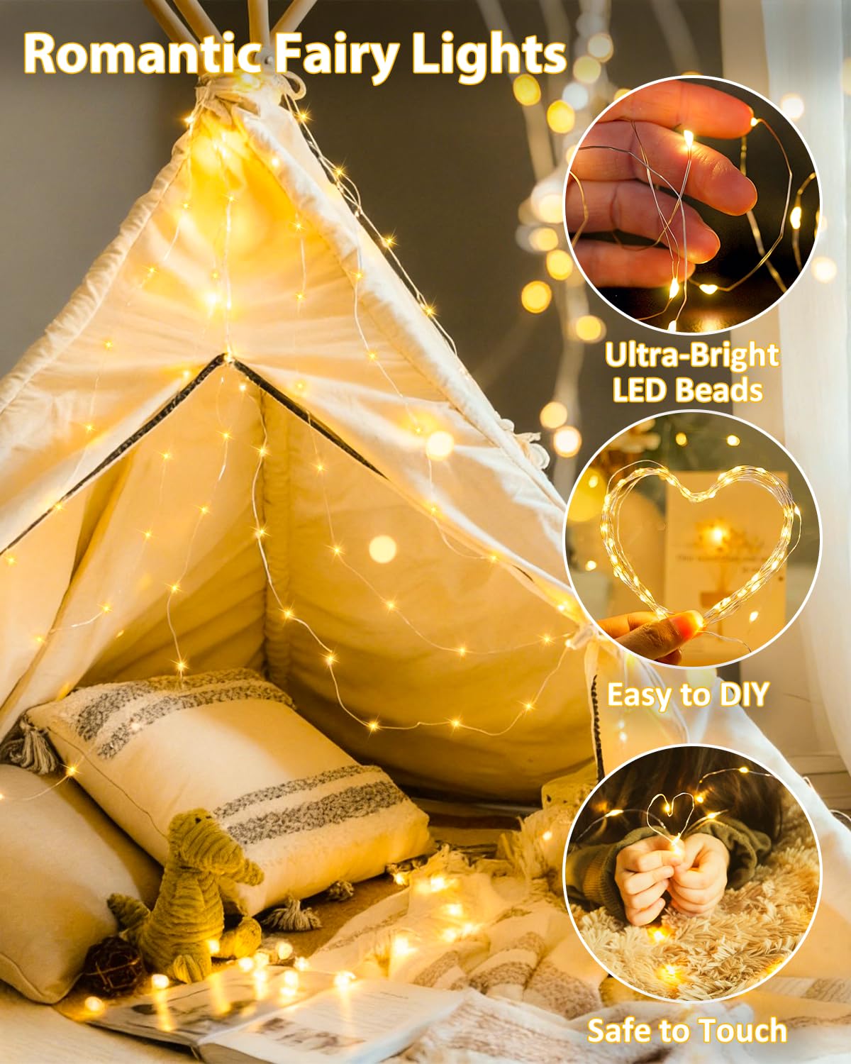 2 Pack Warm White Fairy Lights Battery Operated, 60 LED Waterproof Twinkle Lights, Silver Copper Wire with Timer Warm White Fairy Lights for Christmas Wedding Patio Party Indoor Outdoor