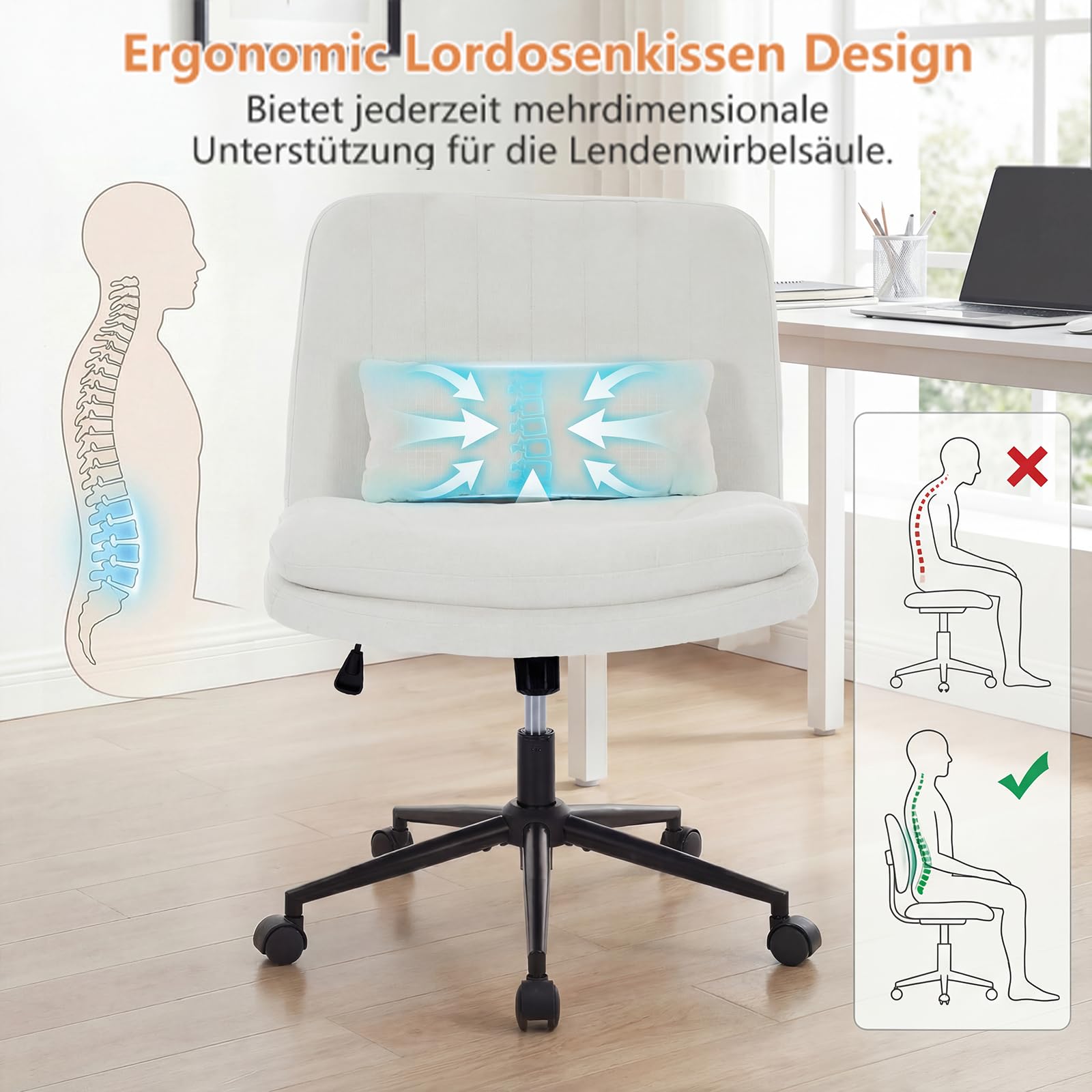 Bürostuhl ohne Armlehne ergonomisch, Schreibtischstuhl mit Rollen, für Schneidersitz, 360° drehbarer & höhenverstellbarer Drehstuhl für Home Office, Schminktisch (Chenille, Weiß)