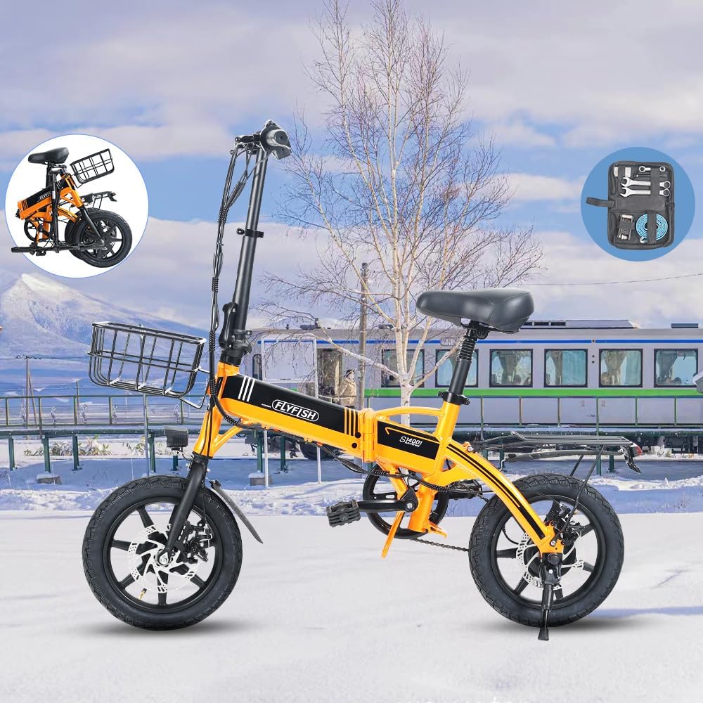 FLYFISH 電動アシスト自転車 14インチ 折りたたみミニベロ 型式認定 カゴ付き USBポート付き 公道走行可能