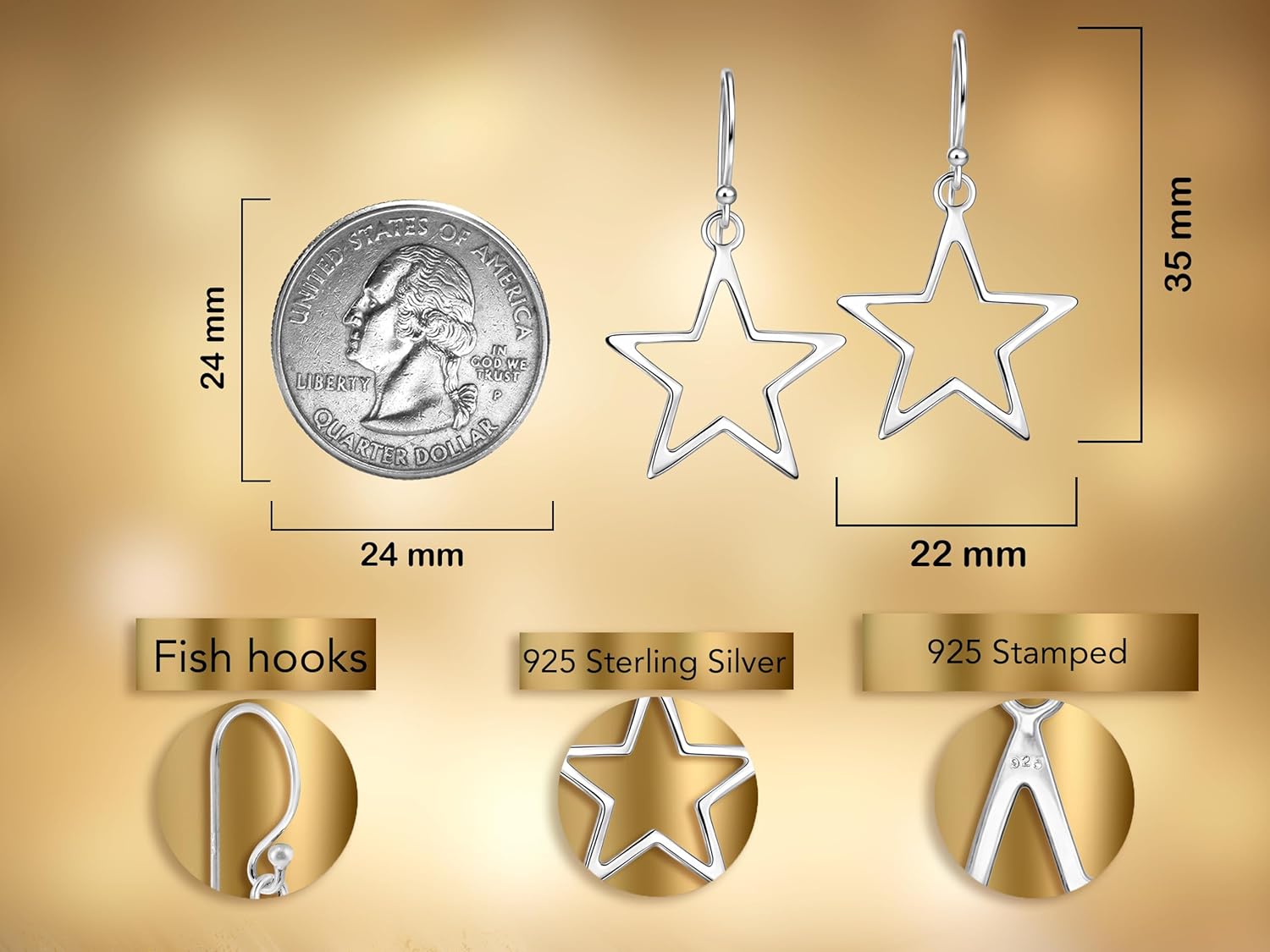 AeraVida Symmetric Shining Star Sterling Silver Celestial Dangle Earrings | Minimalist Everyday Wear | Handmade 0.87x1.38 Inch Star Earrings for Women - Image 3