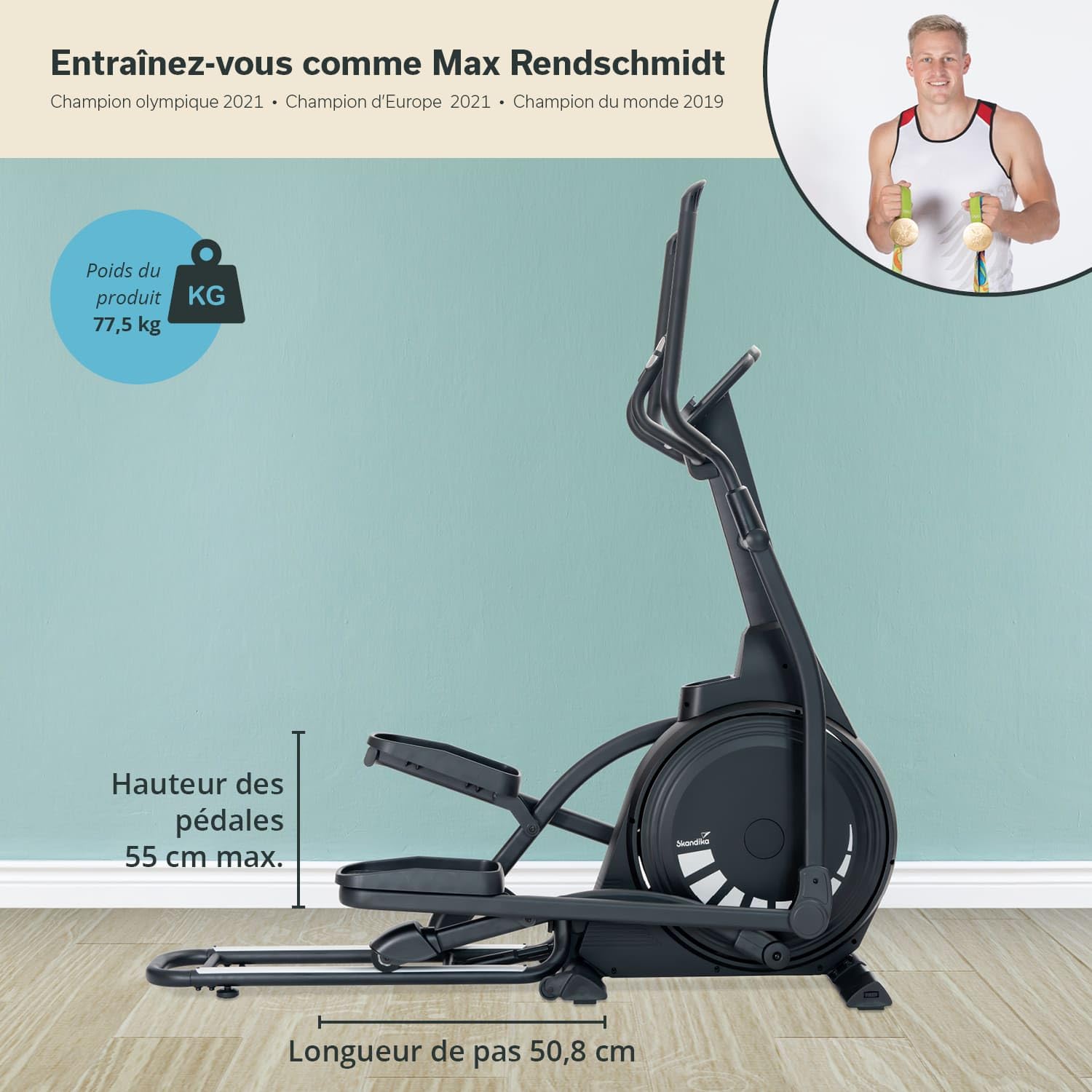 Skandika Vélo elliptique Carbon P23 | Vélo elliptique d'appartement, avec Inclinaison ou Pliable, Frein magnétique, connecté, Compatible Kinomap, Bluetooth, Max 135KG