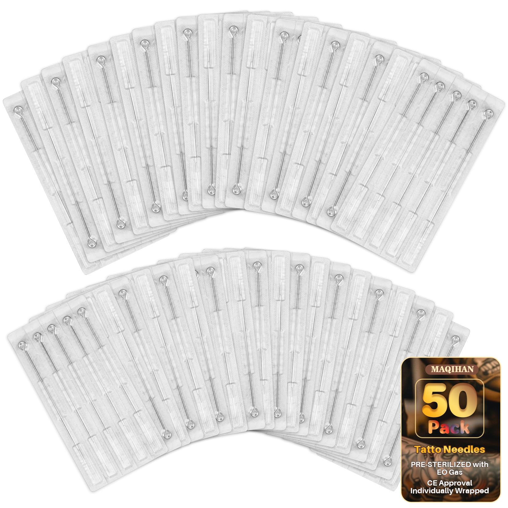 MAQIHAN Tattoo Needles - 50Pcs Disposable Mixed Tattoo Needles for Tattoo Machine 3RL,5RL,7RL,9RL,3RS,5RS,7RS,9RS,5M1,7M1 Assorted Size Professional Tattoo Needle Set for Tattoo Kit