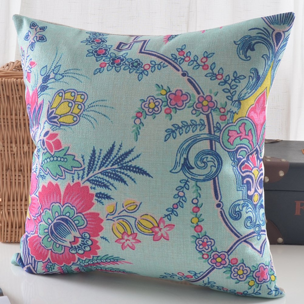 Oreiller rétro style folk en lin premium avec motifs plantes botaniques