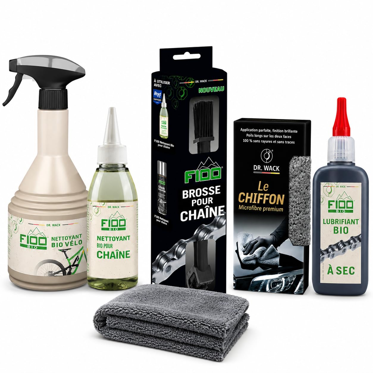 Dr. Wack - F100 Kit d'entretien Vélo Produits Bio - 5 Produits inclus - Nettoyant Vélo + Nettoyant Chaînes de Vélo + Lubrifiant + Brosse pour Chaîne + Chiffon Microfirbres - Fabriqué en Allemagne