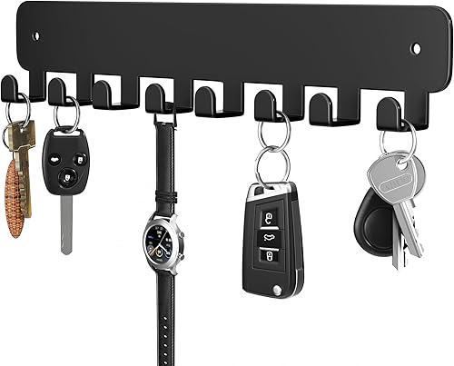 pickpiff Soporte para llaves de pared, soporte adhesivo para llaves con 8 ganchos para llavero de automóvil, organizador de llavero de metal, negro,