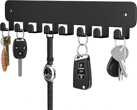 pickpiff Key Holder Wall Mount, Adhesive Key Rack with 8 Hooks Hanger for Car Key Ring, Metal Key Chain Organizer, Black 1 Pack