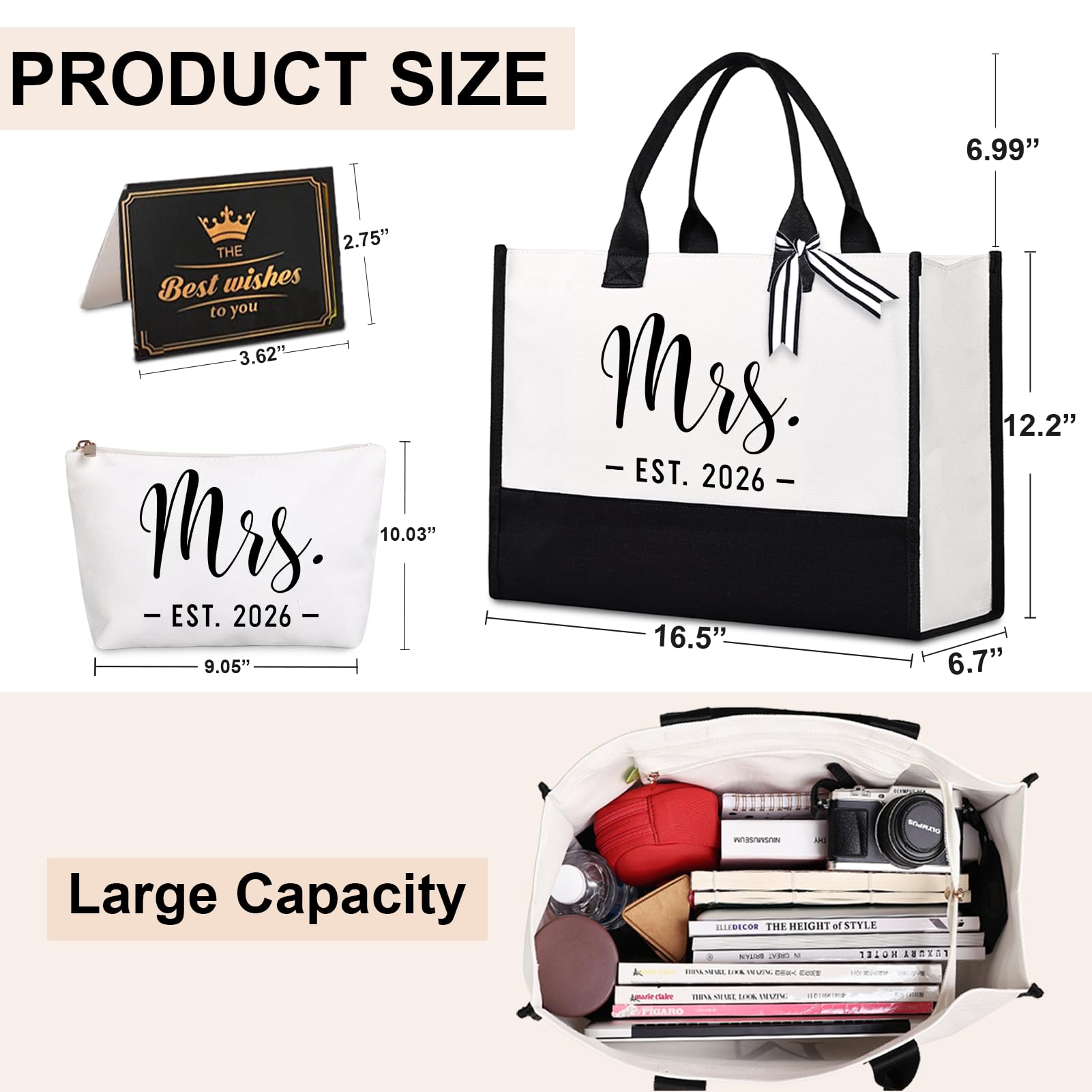 Lamyba Bride Tote Bag,Bridal Shower/Bachelorette Party/Wedding Day Gifts for Bride To Be,Mrs Bag EST 2026,Interior Pocket,Black and White