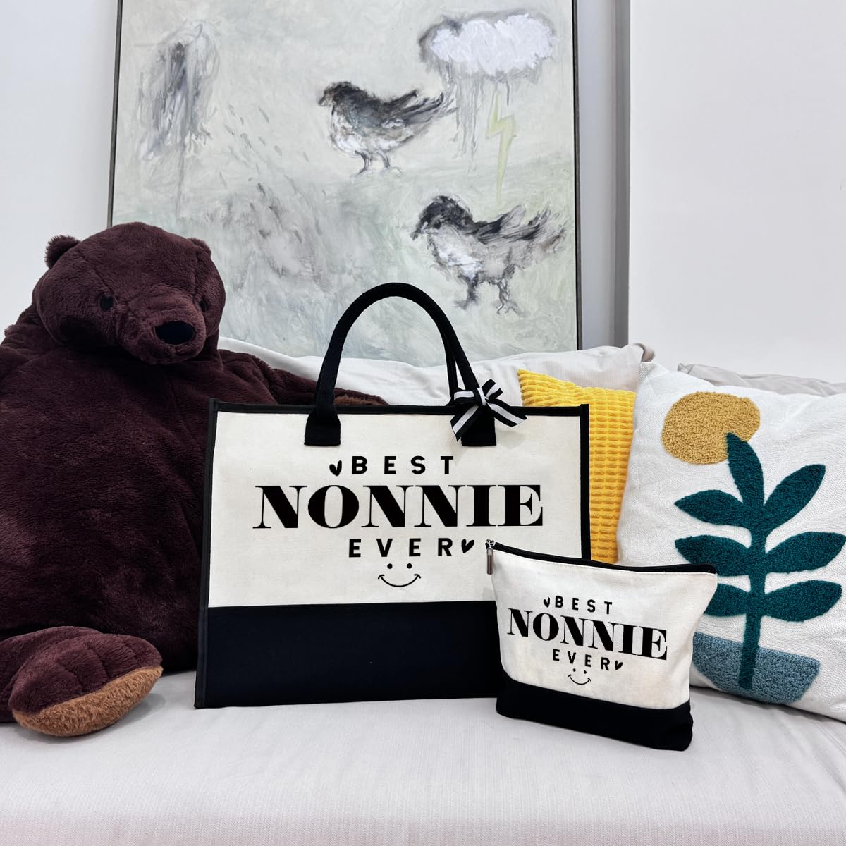 SUSZDOU Nonnie Beach Tote, Canvas Bag with Zipper, Mother's Day Present, Includes Make Up Bag