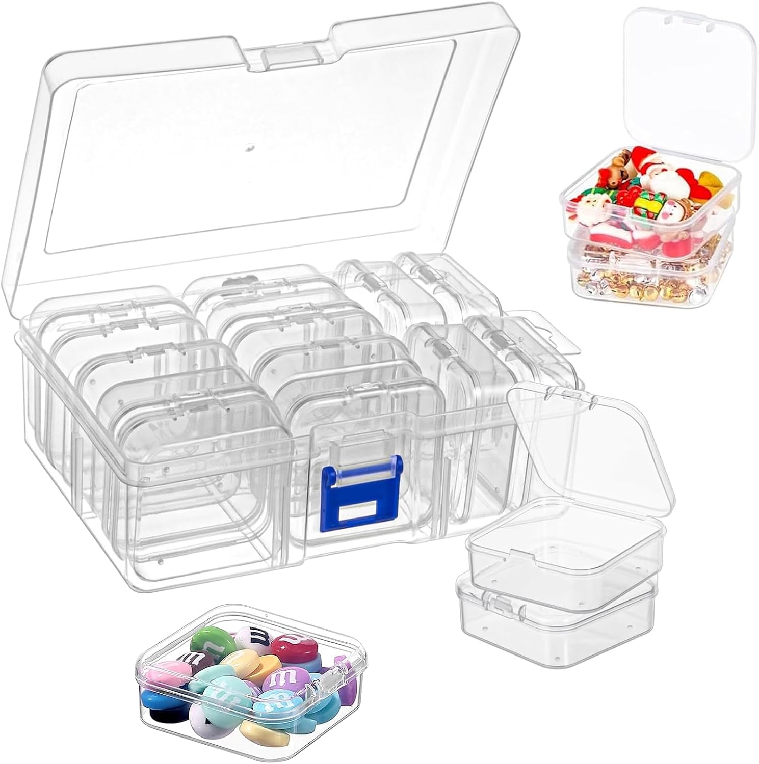 Pack of 15 Small Storage Boxes (5.5 x 5.5 x 2 cm), Storage Box with Lid, Small, Mini Storage Box Made of Clear Plastic, Small Box for Small Parts, Earrings, Rings, Beads, Screws