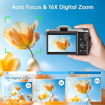 4K Digital Camera for Photography with WiFi 64MP Auto-Focus Vlogging Camera for YouTube Video 3'' 180 Flip Screen 4K Cameras 16X Zoom Anti-Shake Compact Point and Shoot Cameras with SD Card
