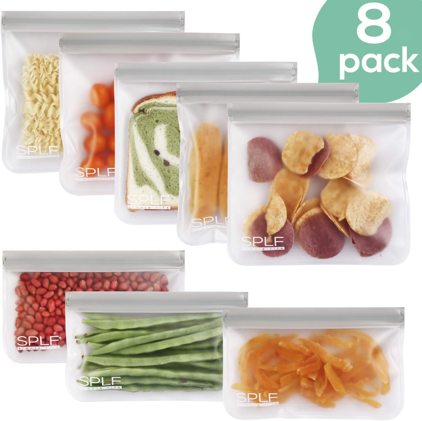 SPLF 8 Pack BPA FREE Reusable Storage Bags (5 Reusable Sandwich Bags, 3 Reusable Snack Bags), Extra Thick Leakproof Silicone And Plastic Free Ziplock Lunch Bags Food Storage Freezer Safe