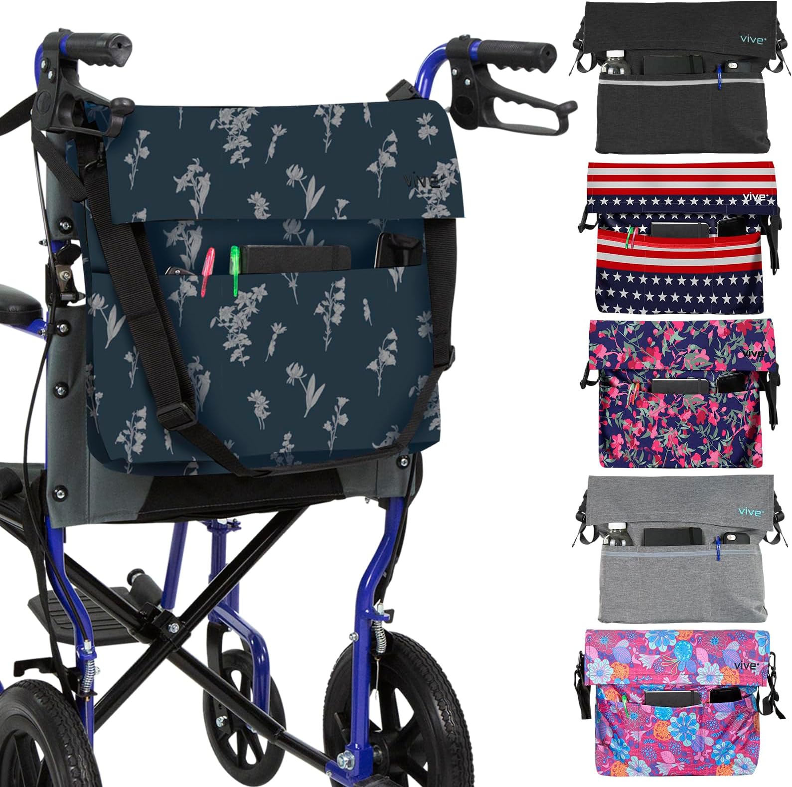 Vive XL Wheelchair Bag - Waterproof, Scratch-Resistant, Double-Stitched, Machine Washable Accessory for Adults, Seniors, 15 Colors - Storage Walker Backpack to Hang on Back of Wheel Chair