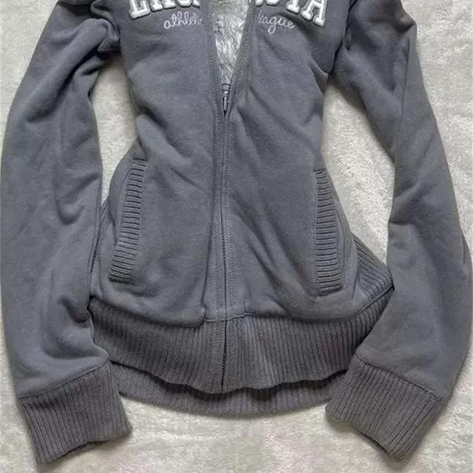 Damen Vintage Grunge Y2K Zip Up Hoodie mit Pelzkapuze Kapuzenjacke