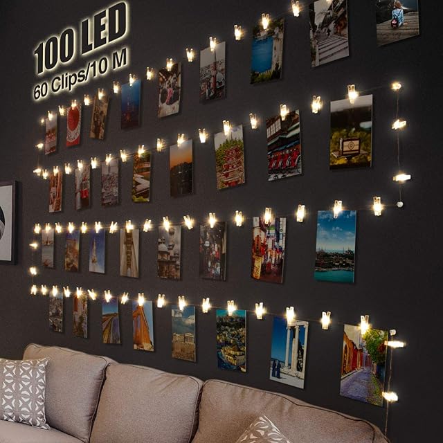 100LED Photo Clip String Lights, Litogo 10M Photo Peg Fairy Lights with 60 Clips Indoor Battery Powered Silver Wire Hanging String Photo Frames Decoration for Bedroom Wedding Party Christmas Photo