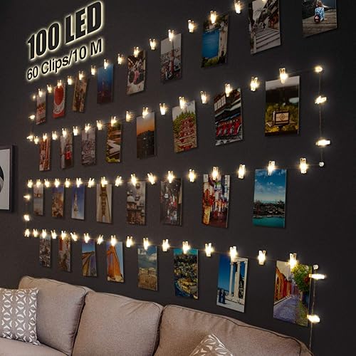 litogo 100 LED Photo Clip String Lights, 10M Battery Powered Fairy Lights with 60 Clips Hanging Photos, Mini Silver Wire Polaroid Peg Lights for Birthday Party Picture Card Decorations - Warm White - 100LED