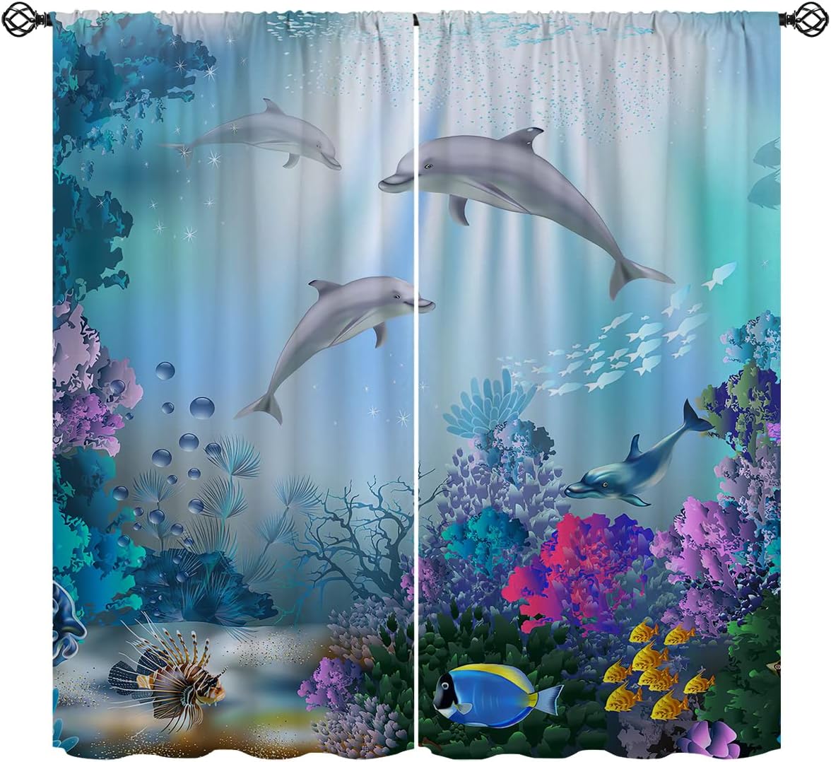 Dolphin Blackout Curtains for Girls Boy Home Decor, Blue Ocean Undersea World Coral Colorful Rod Pocket Thermal Insulated Drapes Darkening Window Curtain for Bedroom Living Room, 42 x 63 Inch