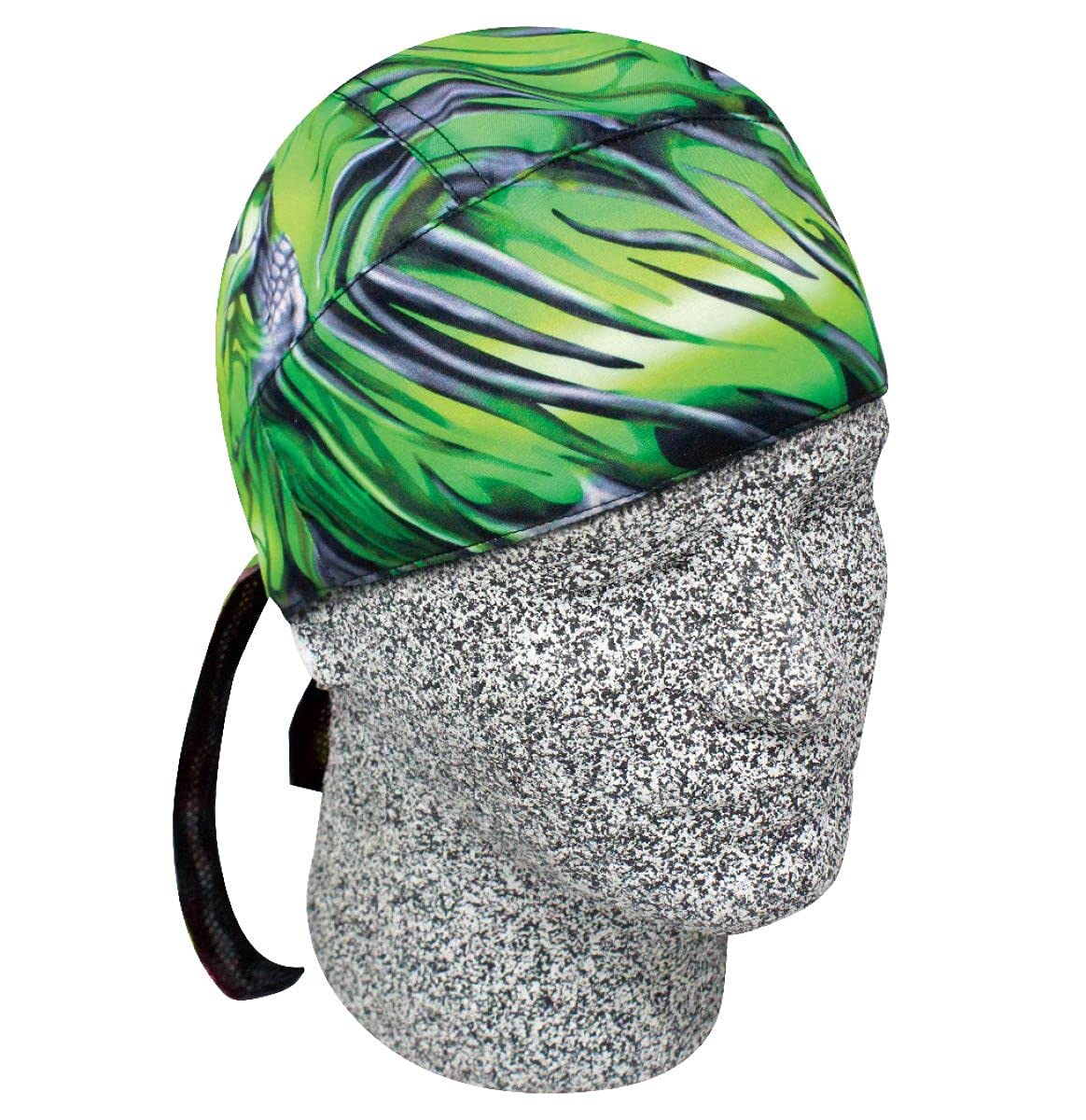 Neon Green Black Silver Grey Pinstripe Flame and Skull Leaf Head Wrap Durag Doo Rag Biker Skull Cap