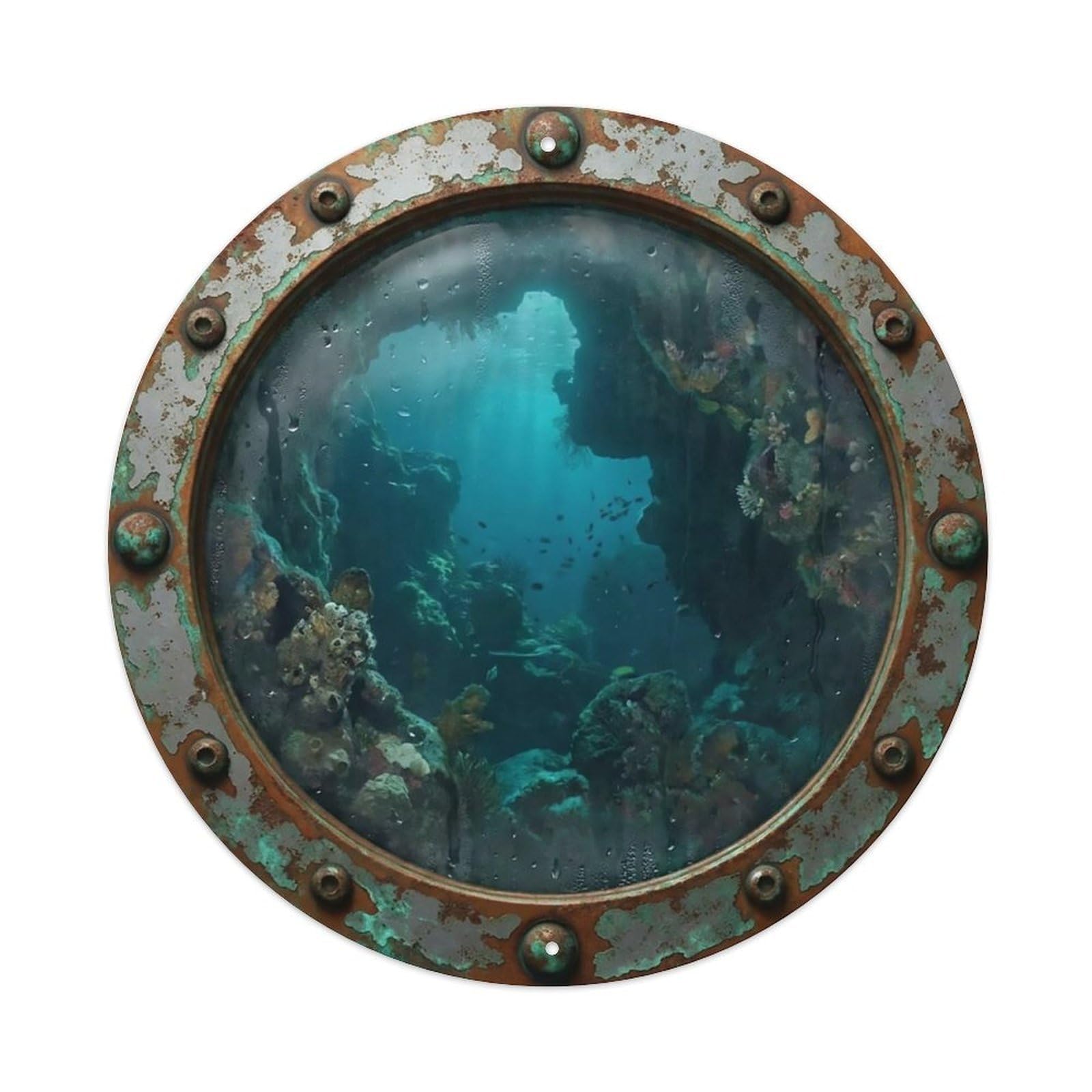 Vintage Porthole Underwater Cave Nautical Window View Metal Tin Sign