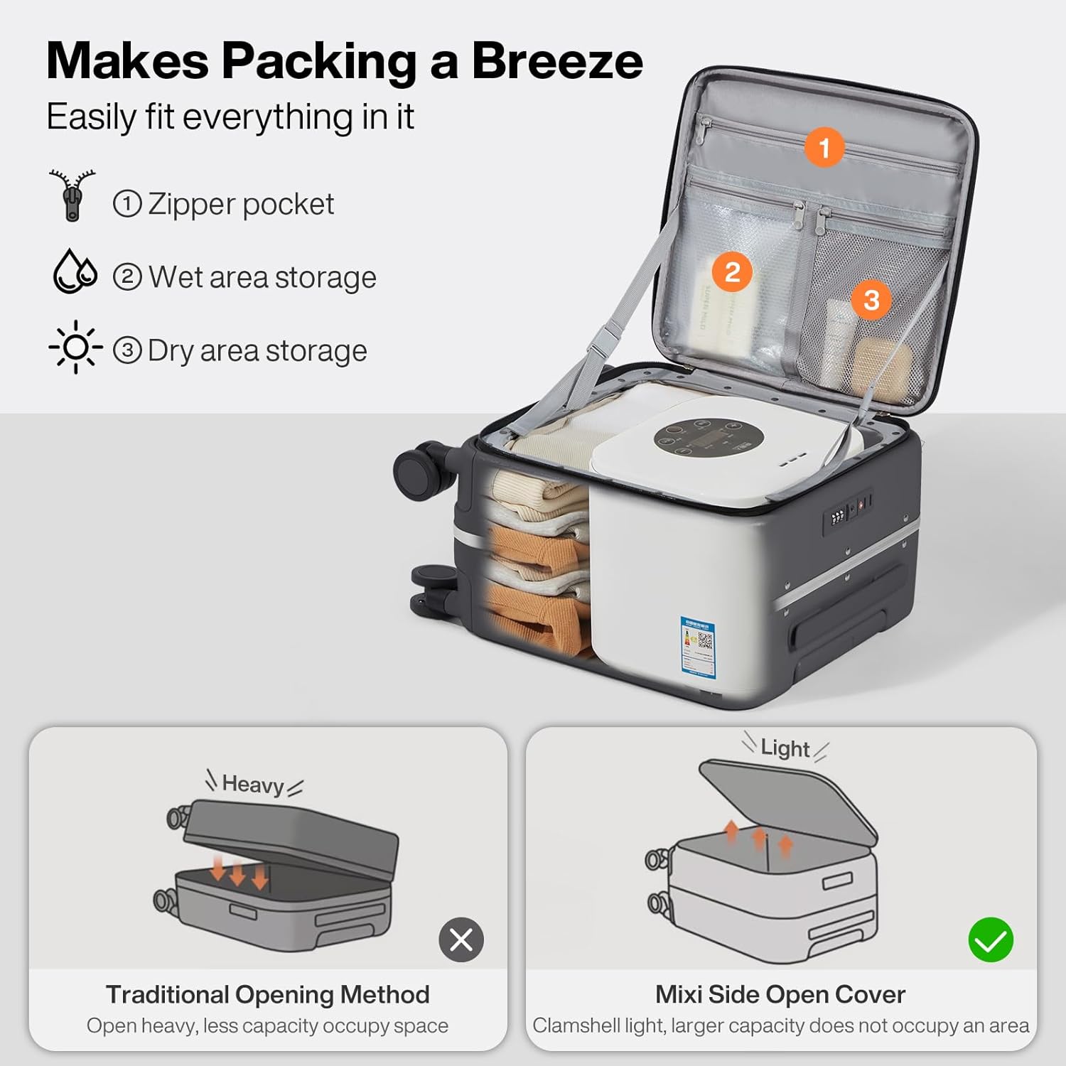 mixi 17x14x9 Carry On Luggage Underseat PC Hard Shell Suitcase Top Opening Aluminum Frame Travel Suitcases with Wheels, Rock Gray