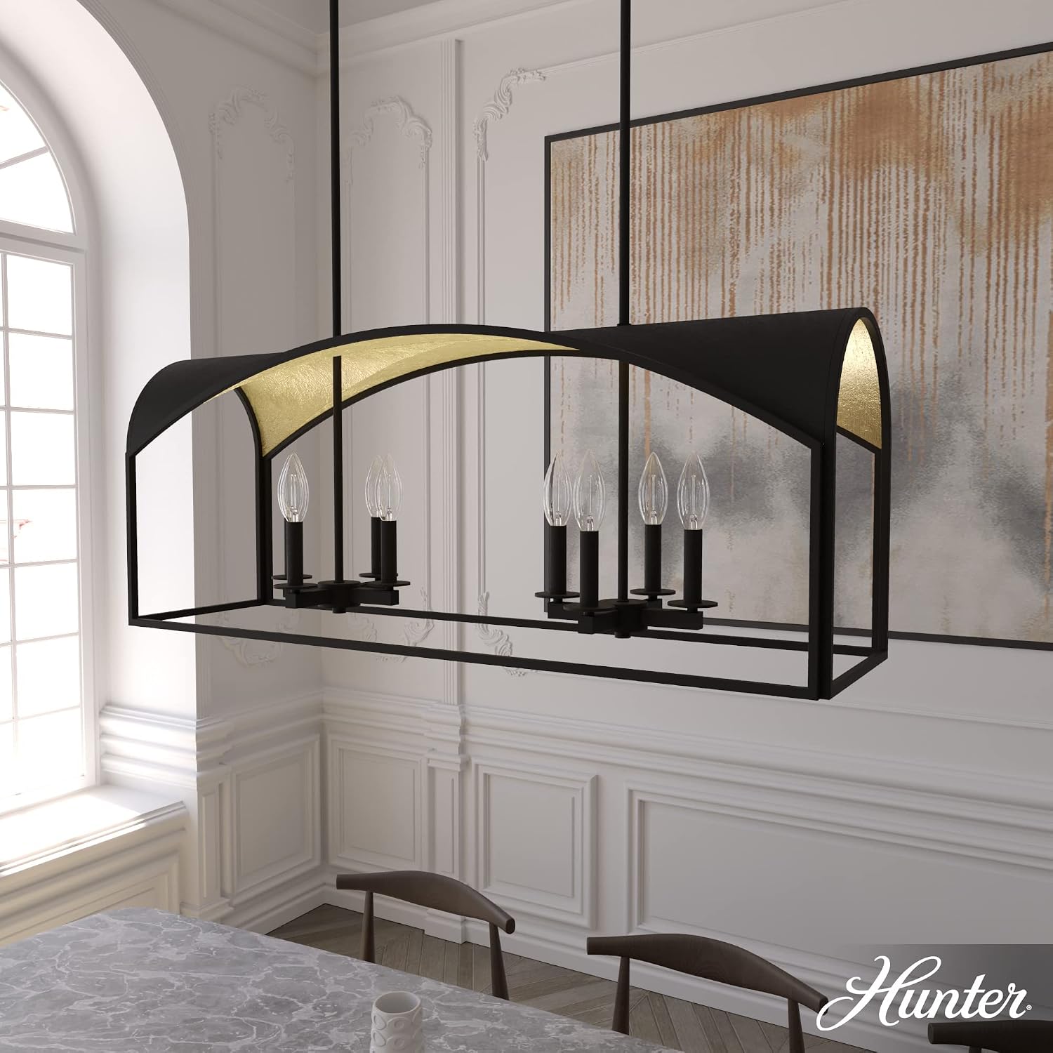 Hunter - Dukestown 8-light Natural Black Iron, Extra Large Chandelier, Dimmable, Formal Style, Linear Shaped, for Bedrooms, Kitchens, Dining, Living Rooms - 19731