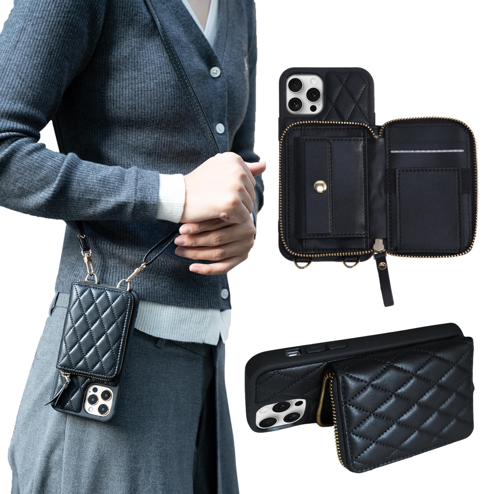 JUSTRAL Crossbody Wallet Case for iPhone 15 Pro, Quilted PU Leather Zipper Phone Purse with Card Holder & Coin Pocket, Kickstand Flip Cover,