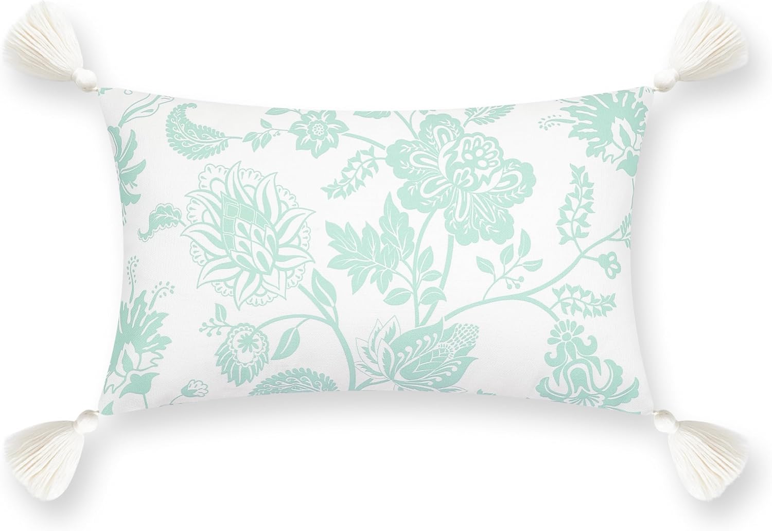 Hofdeco Premium Fall Coastal Patio Indoor Outdoor Lumbar Pillow Cover Only, 12"x20" Water Repellent for Backyard, Couch, Muted Aqua Floral Tassel