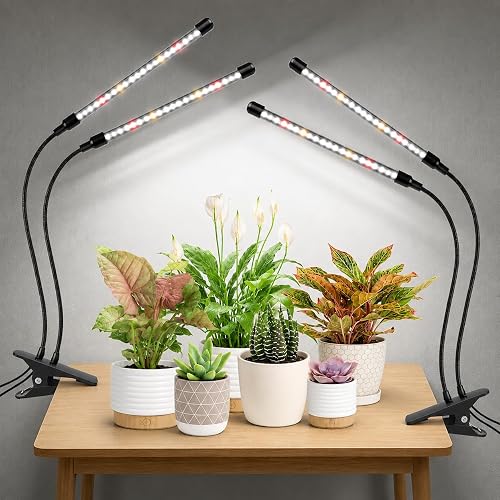 wolezek Clip on Grow Lights for Indoor Plants, Full Spectrum 6000K | 2-Head Gooseneck Plant Lamp, 6/12/16H Auto Timer, 5-Level Dimming, 40 Red & White LEDs, for Seedlings, Indoor Growing, 2 Pack