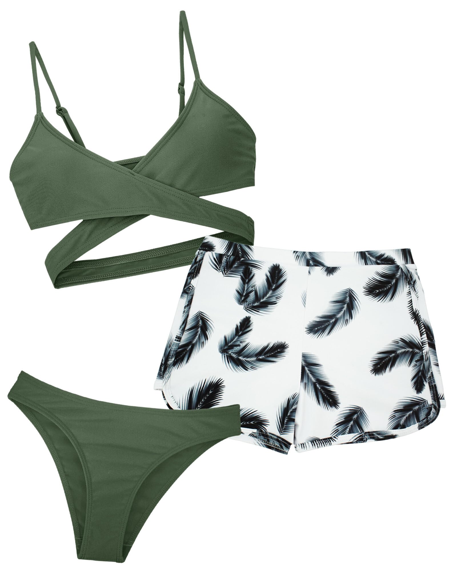 Happy Cherry Bikini Niña Traje de Baño Verano Bañador Tankini Niñas para Natación Playa Surf 3 Pcs Conjunto de Ropa de Baño Chica Protección UV Top de Triángulo Braguita Pantalón Corto - 8-14 Años
