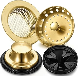 4 Pcs Brushed Gold Kitchen Sink Accessories Garbage Disposal Splash Guards 3.4'' Sink Drain Strainer and Stopper Stainless Steel Garbage Disposal Plug for Kitchen Drain Strainer