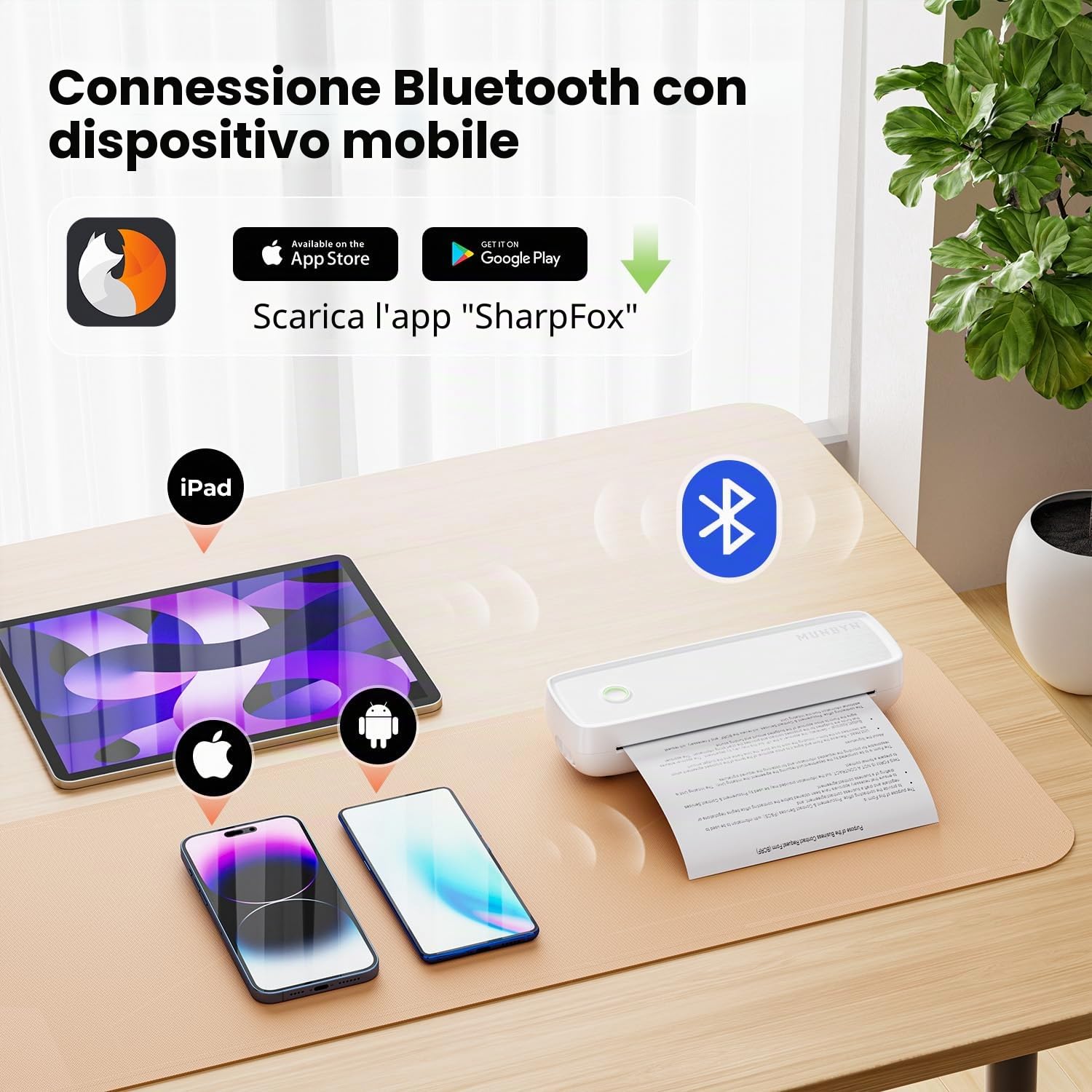 MUNBYN ITP04 Stampante termica portatile A4 Bluetooth 8.5x11 USB-C bianco