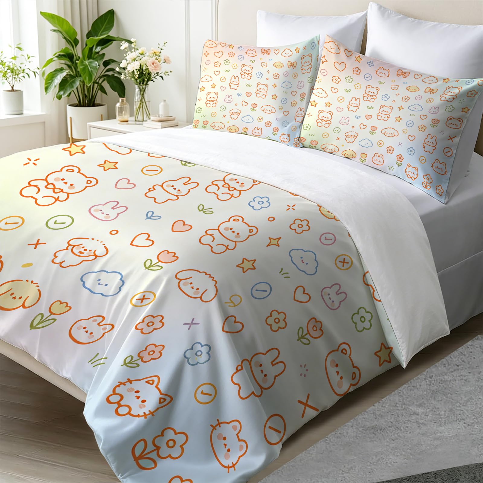 Housse de couette 240x260 macaron avec 2 taies d'oreiller pour lit 2 personnes