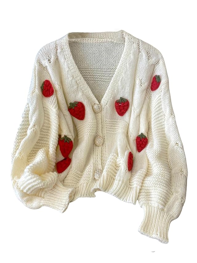 MakeMeChic Womens Strawberry Cardigan Sweater V Neck Button Down Long Sleeve Cute Outerwear