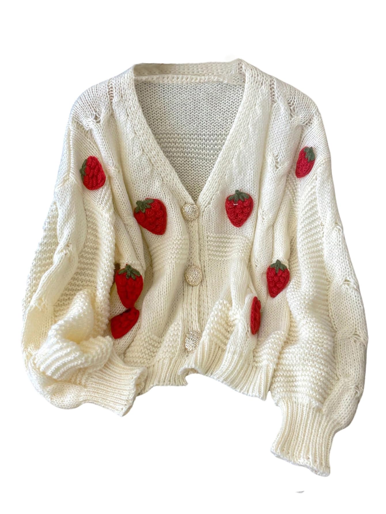 MakeMeChic Womens Strawberry Cardigan Sweater V Neck Button Down Long Sleeve Cute Outerwear