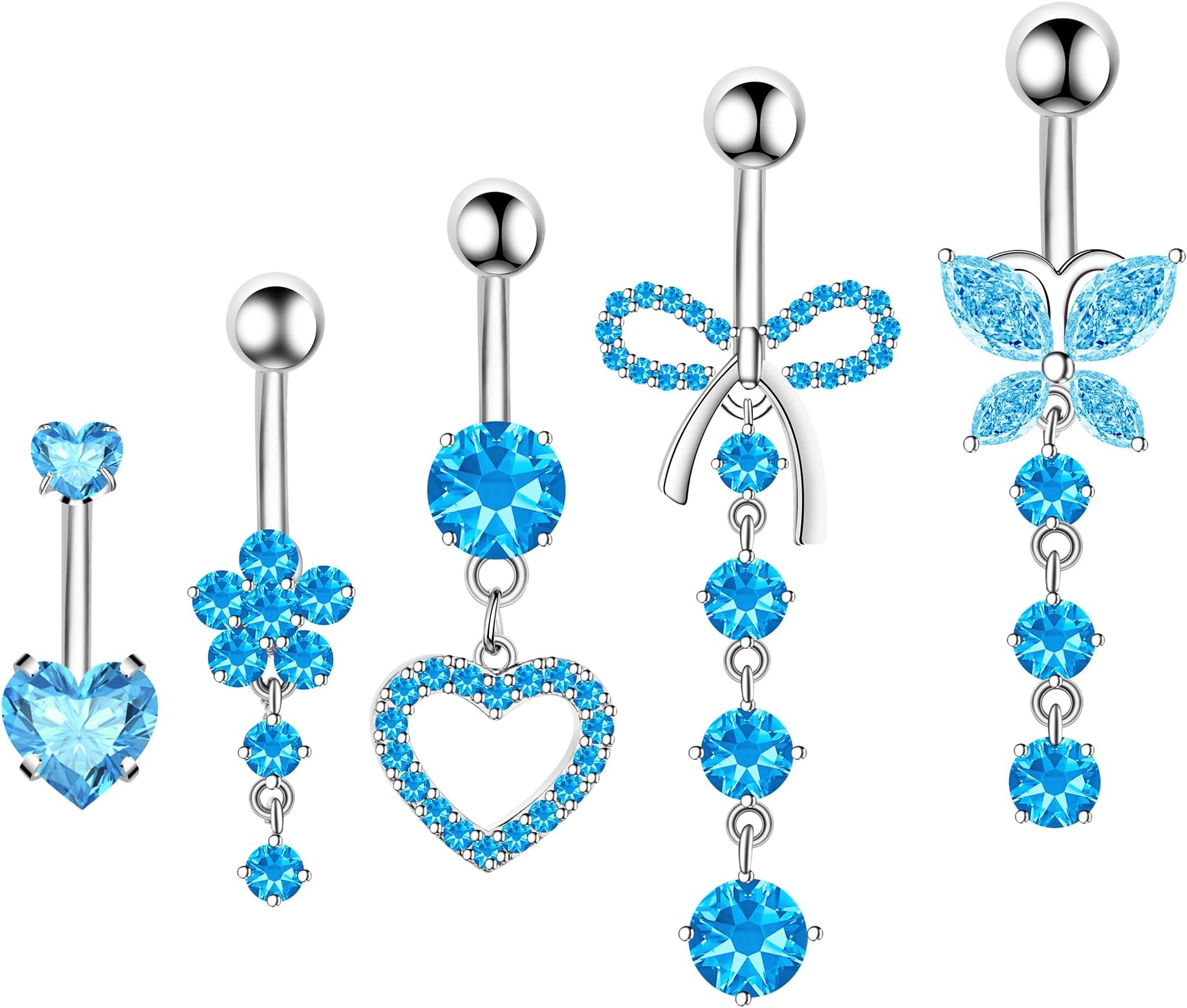 Belly Button Ring with Belly Button Pendant Jewelry Cute Pink CZ Heart Butterfly Flower Belly Button Piercing for Women 14G Silver Stainless Steel Delicate Hanging Piercing