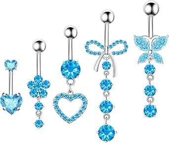 BSJ4U Belly Button Ring Dangle Navel Belly Piercing Jewelry Cute Pink CZ Heart Butterfly Bow Flower Navel Belly Rings for Women 14G Silver Stainless Steel Dainty Dangly Dangling Belly Button Piercing
