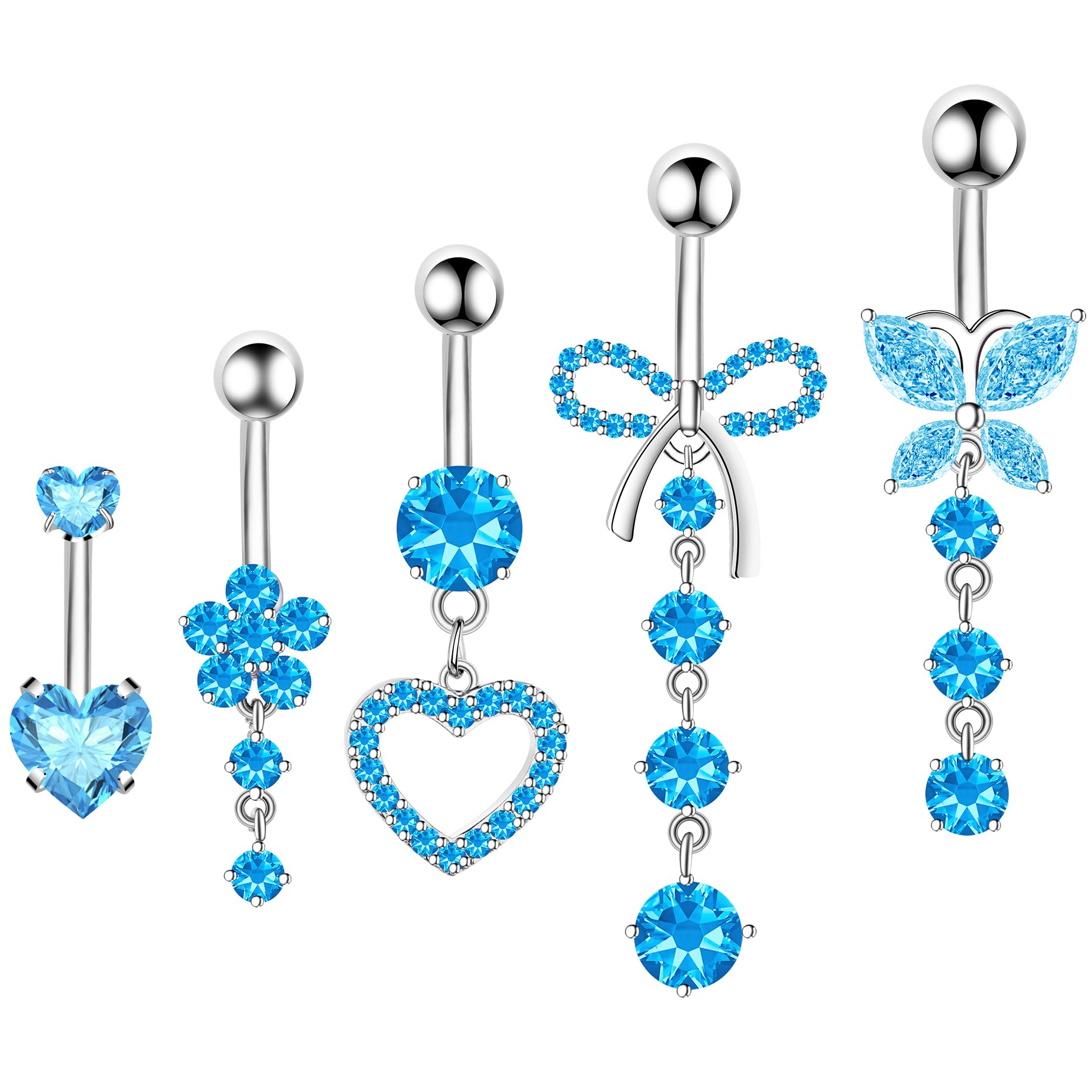 BSJ4U Belly Button Ring Dangle Navel Belly Piercing Jewelry Cute Pink CZ Heart Butterfly Bow Flower Navel Belly Rings for Women 14G Silver Stainless Steel Dainty Dangly Dangling Belly Button Piercing