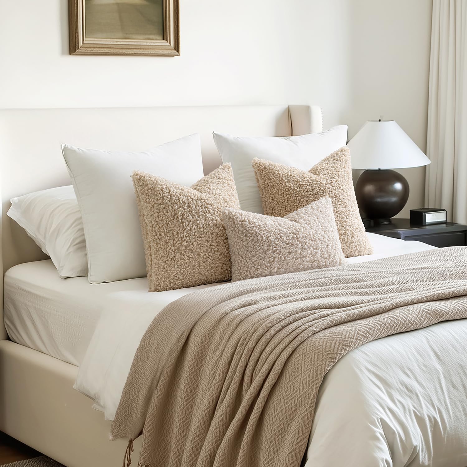 Woaboy Faux Fur Throw Pillow Covers 18x18 Inch Set of 2 Boucle Neutral Decorative Sherpa Fuzzy Accent Soft Sheepskin Fleece Cushions Modern Home Decor for Couch Sofa Bedroom Living Room,Oatmeal - Image 4