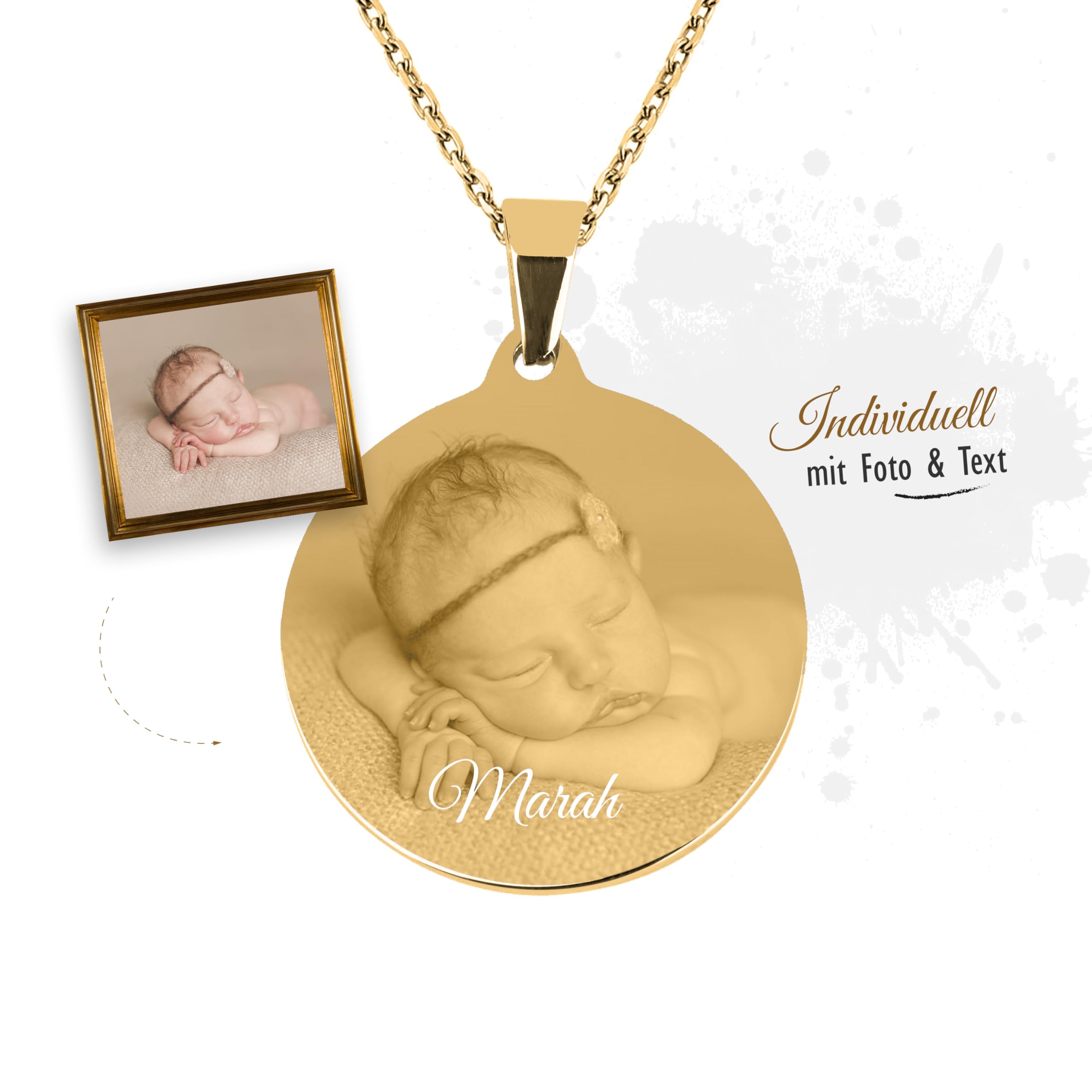 Fotogravur Anhänger rund mit Kette und eigener Gravur Namen und Datum/Bildgravur mit Wunschgravur/Farben: Silber/Gold/Roségold