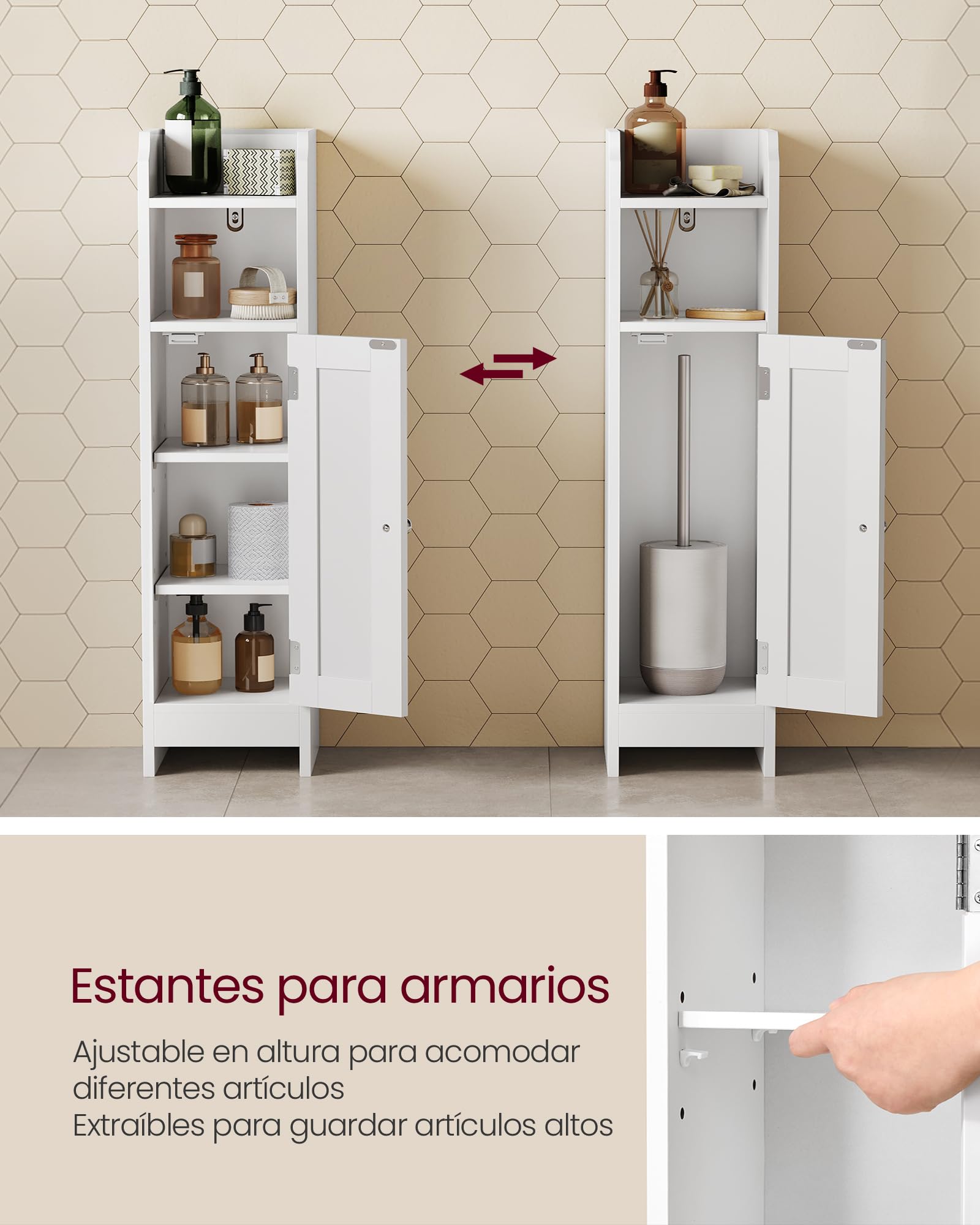 VASAGLE Armario de Baño, Armario Esquinero con Puerta y Estantes, Organizador de Almacenamiento, Estrecho, para Papel Higiénico, Estantes Ajustables, Blanco BBC310W01