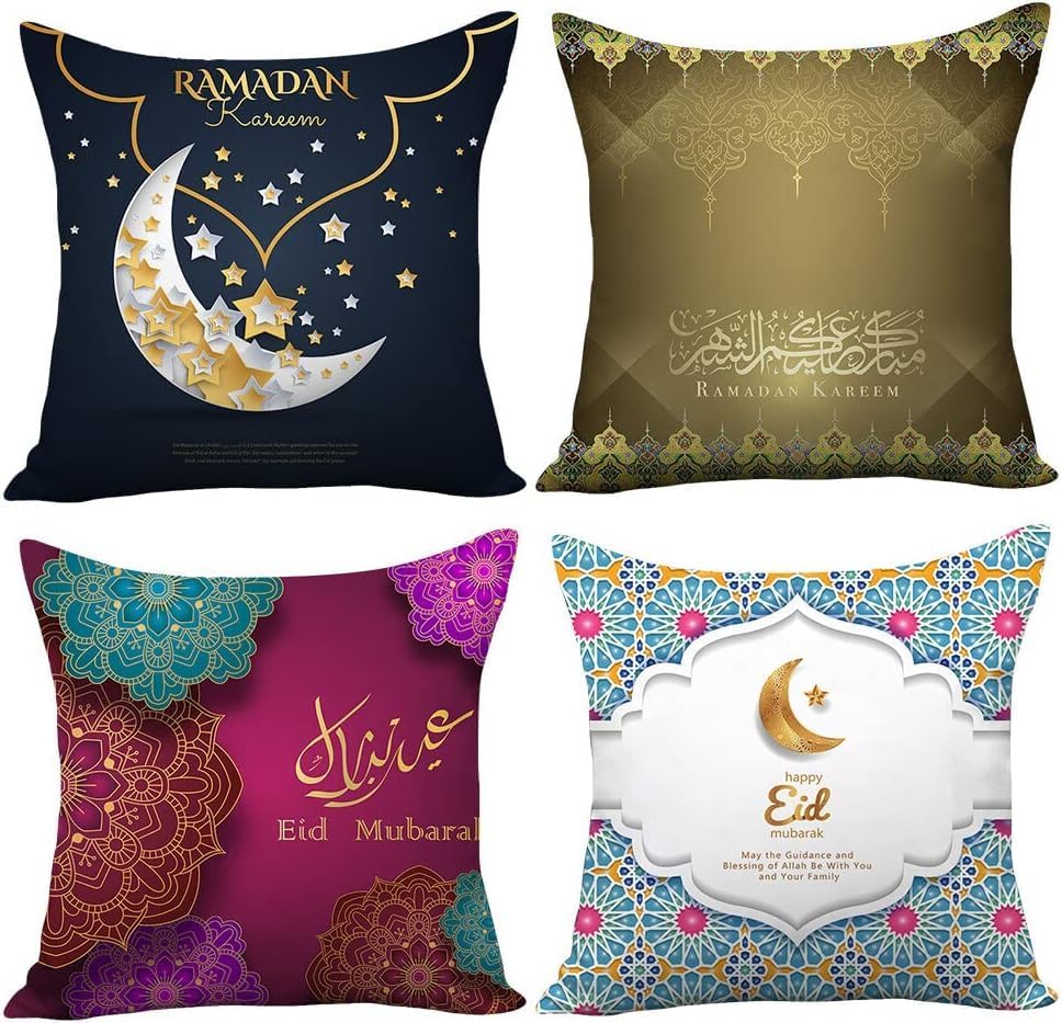 Ramadan Throw Pillow Covers Set of 4, Gold Moon Eid Light Square Pillow Cases Linen Zipper Cushion Cover Modern Sofa Bed Decoration for Couch Sofa Bedroom Car Home Decor Pillowcase(18x18 inches), 3
