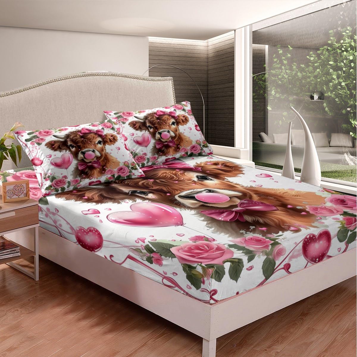 Kawaii Highland Cattle Fitted Sheet Twin Size Girly Style Rose Flower Bedding Set 2Pcs(No Flat Sheet) Romantic Valentine's Day Bed Sheet for Teens Room Decor Pink Love Heart Deep Pocket Sheet