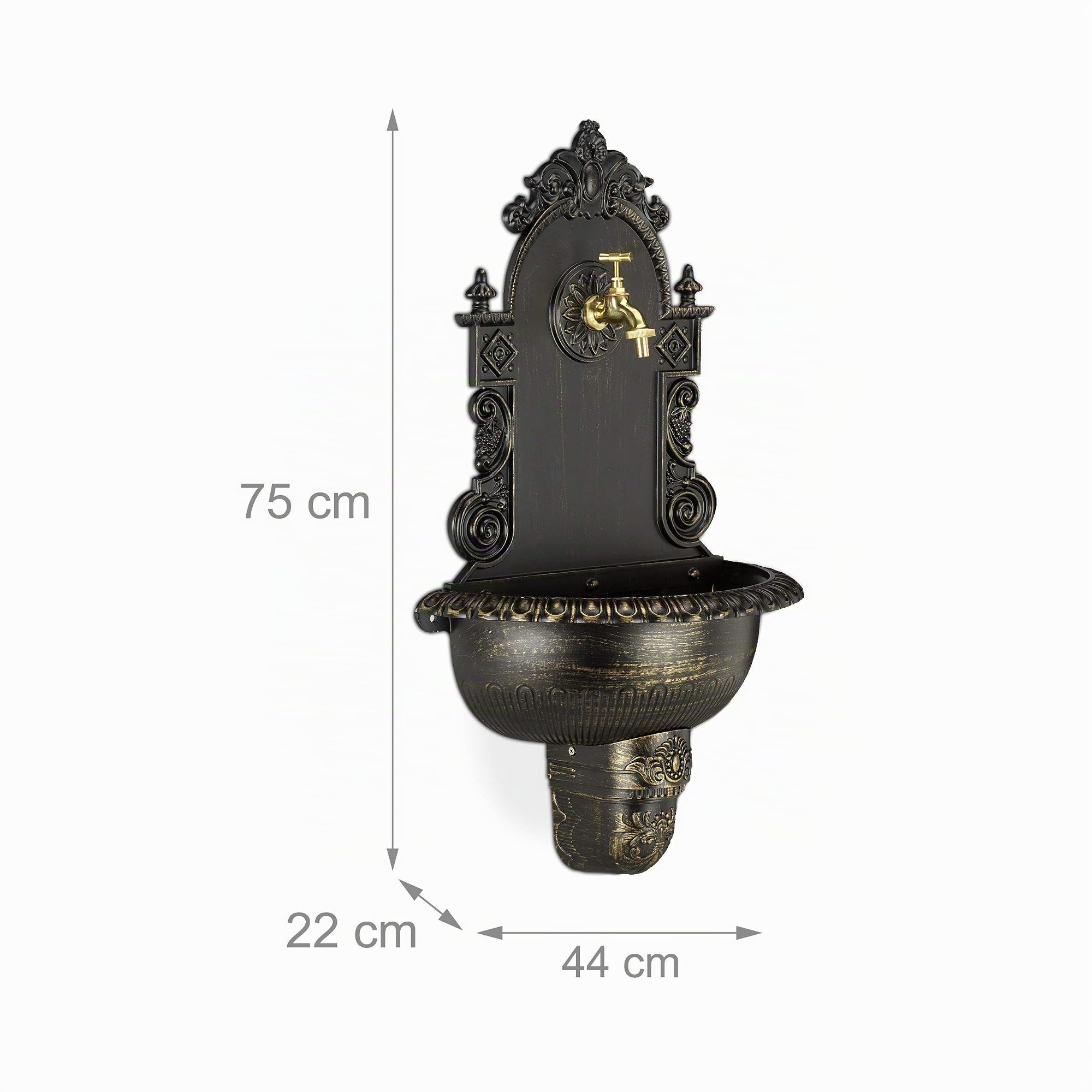 Relaxdays Fontaine Murale XL Style Antique avec Robinet, lavabo de Jardin, Fonte Aluminium, H75×L44×P22 cm, Noir
