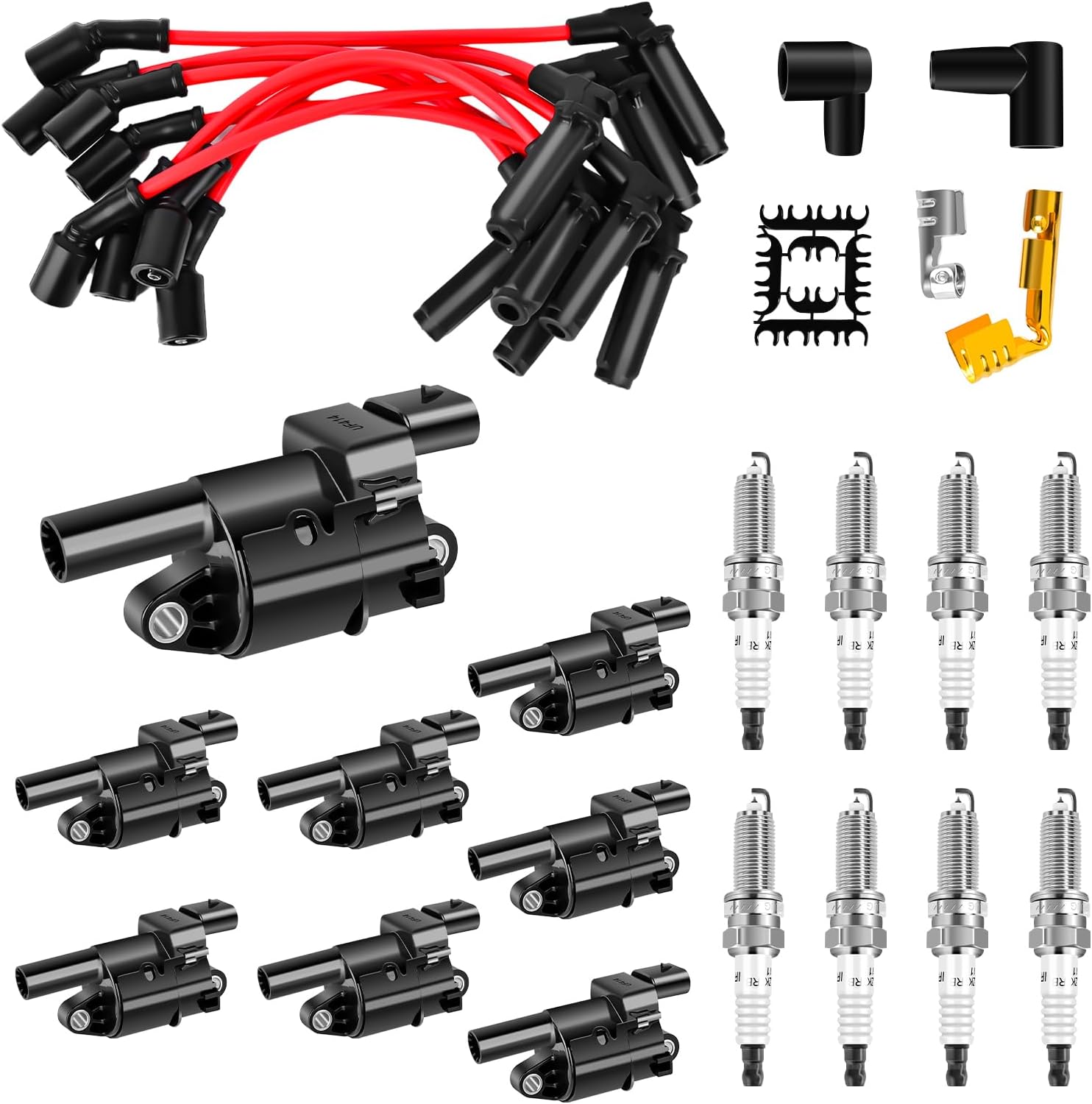UF414 Ignition Coils & Platinum Iridium Spark Plug & Wire Set of 8 Pack Compatible with Chevrolet Avalanche/Colorado/Express 1500/2500/3500/Impala，for GMC Savana 1500/ Sierra 1500/Yukon